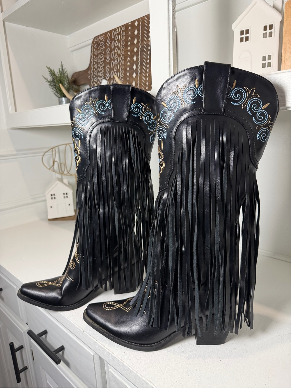 Wetkiss Fringe Cowboy Boots Women's 8 Black Western Boots Festival Coachella